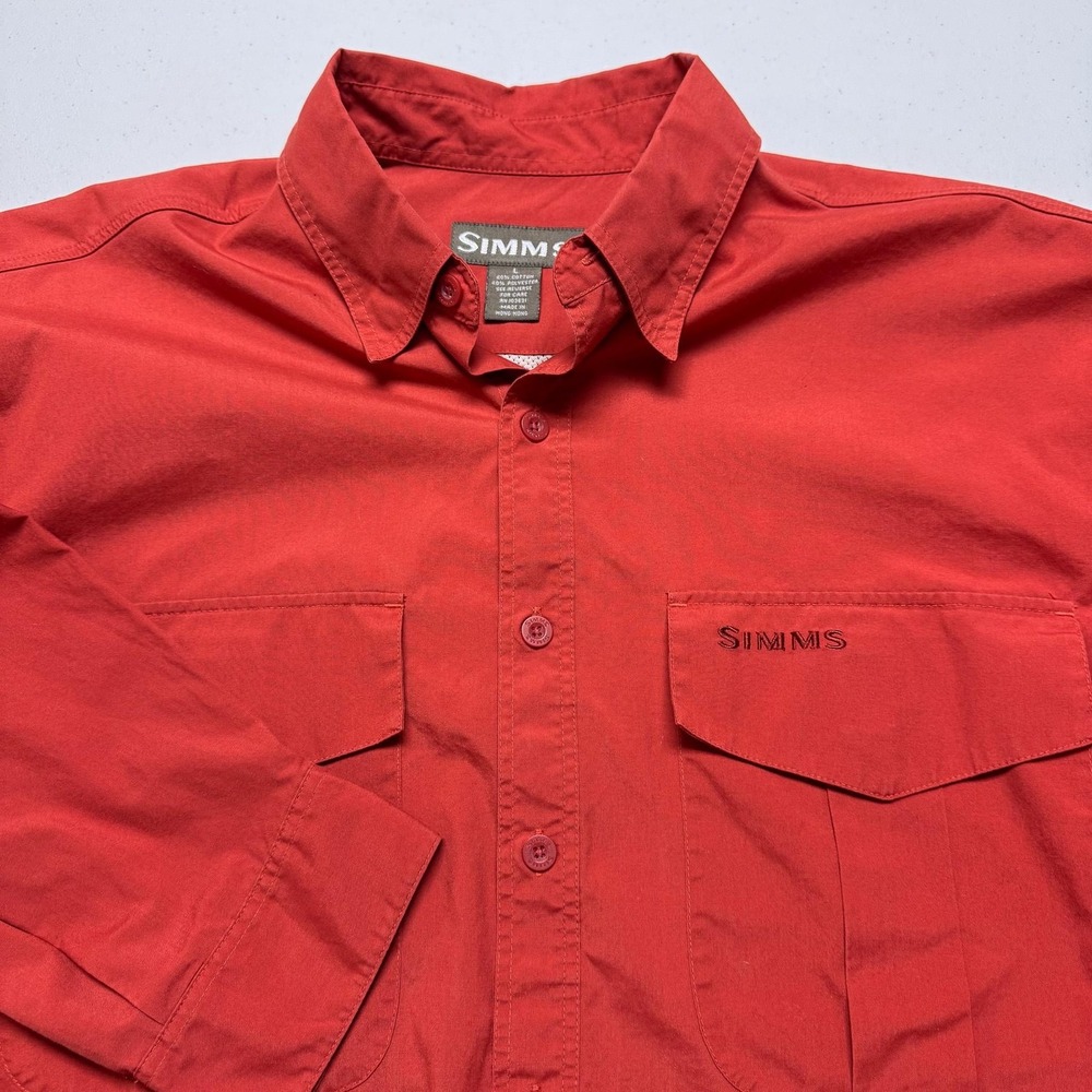 Simms Mens Large Red Long Sleeve Vented Mesh Fishing Button Up Shirt Pockets‎